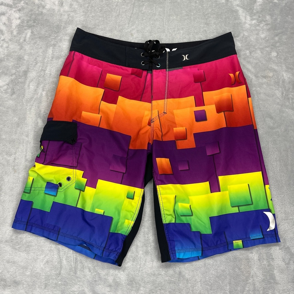 Hurley Shorts Mens Large Multi 3D Rainbow Pixel Board Surf Surfing Water Polo